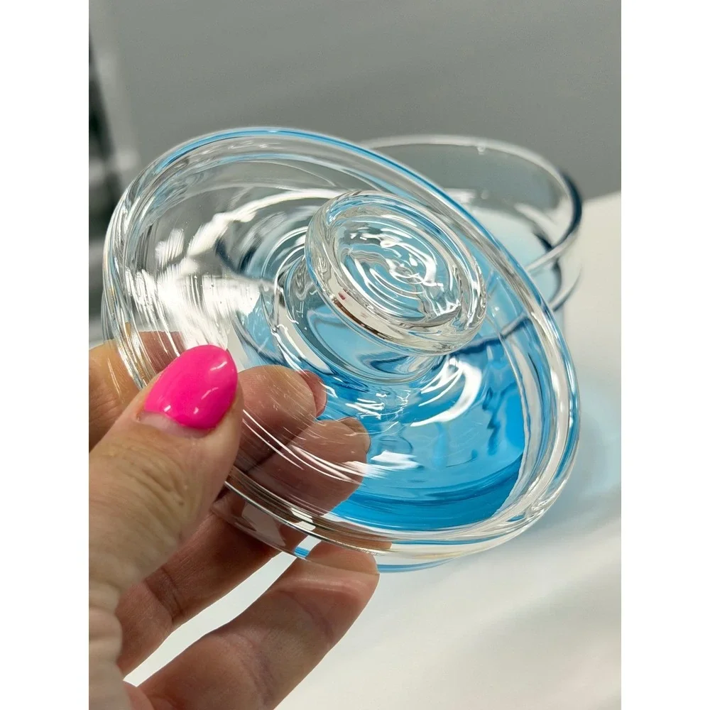 Blue Glass Salt Cellar Jar with Clear Lid and Silicone Base